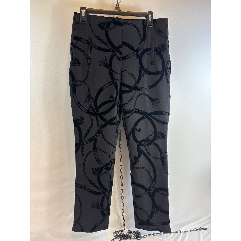 Chico's Ankle Pant Size 0 Gray Black Chain Belt Print Straight Leg Trousers